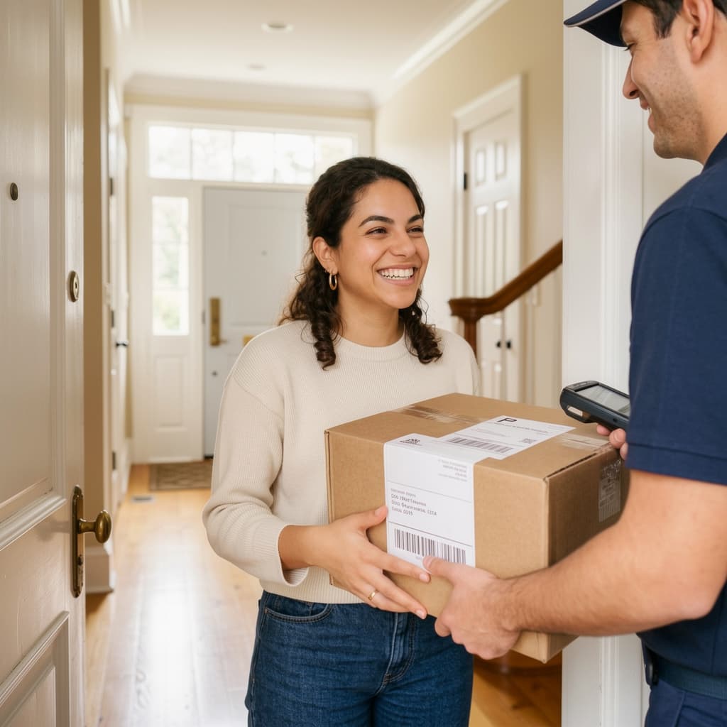 A patient taking their Teledris treatment delivery from a courier at their front door.