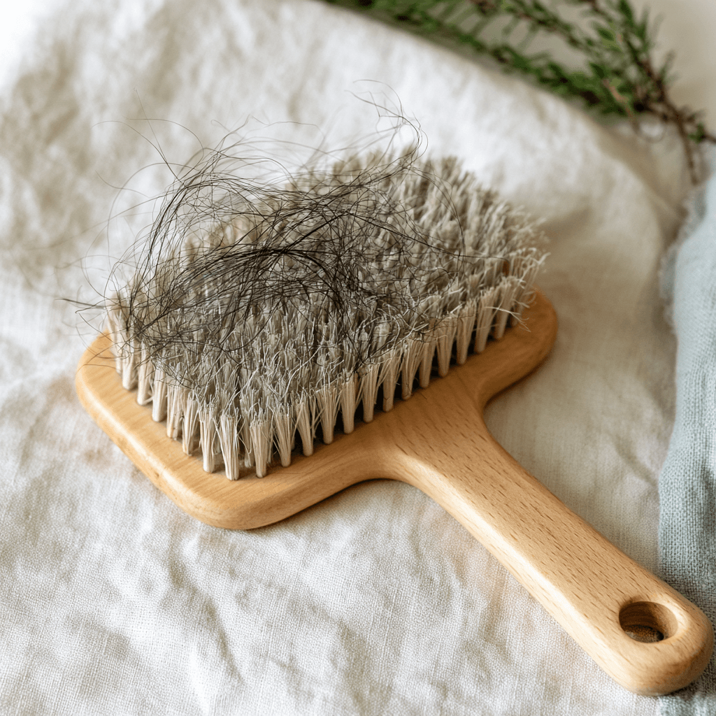 A wooden hairbrush flat-lay with a few loose hairs