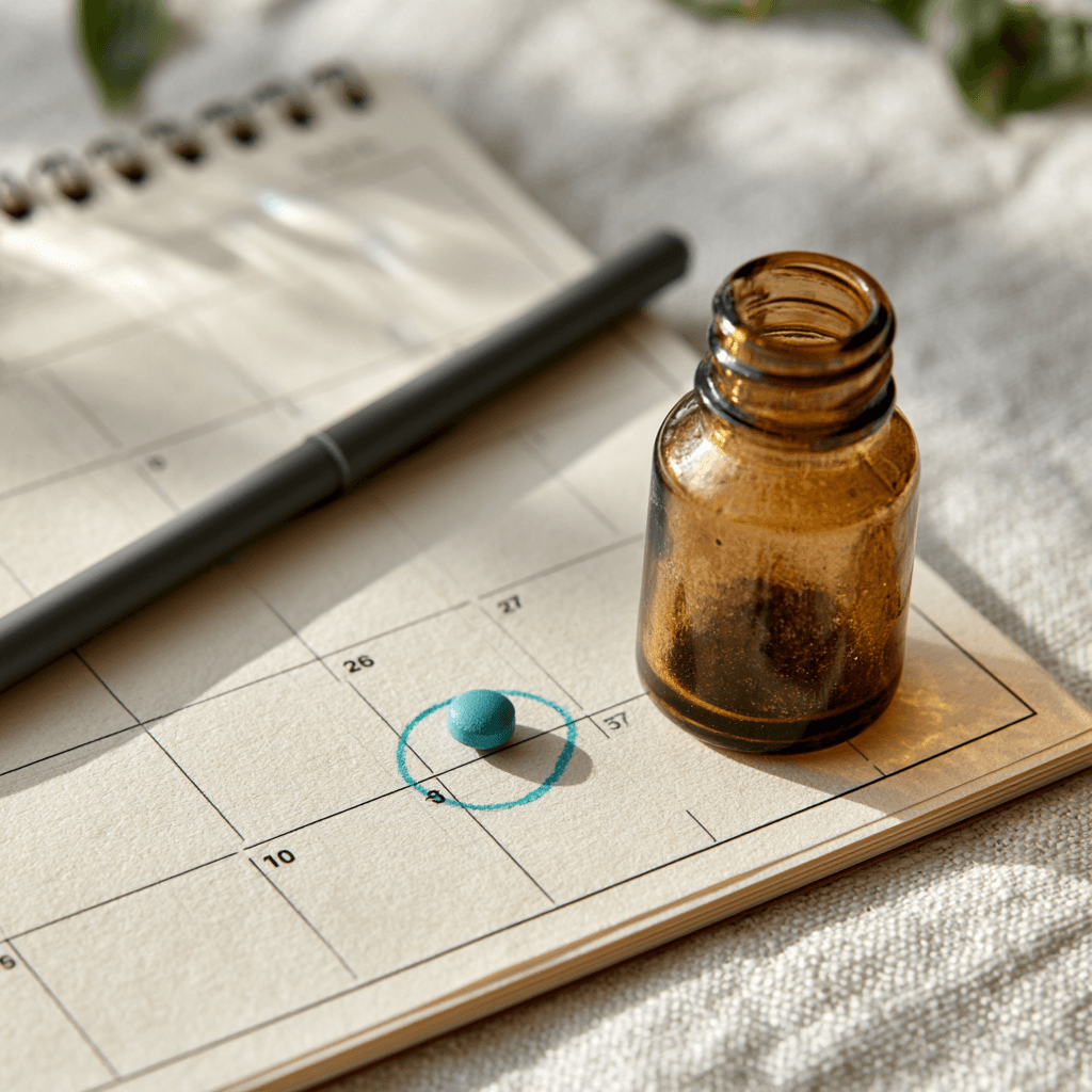 A pill bottle next to a calendar marking day one
