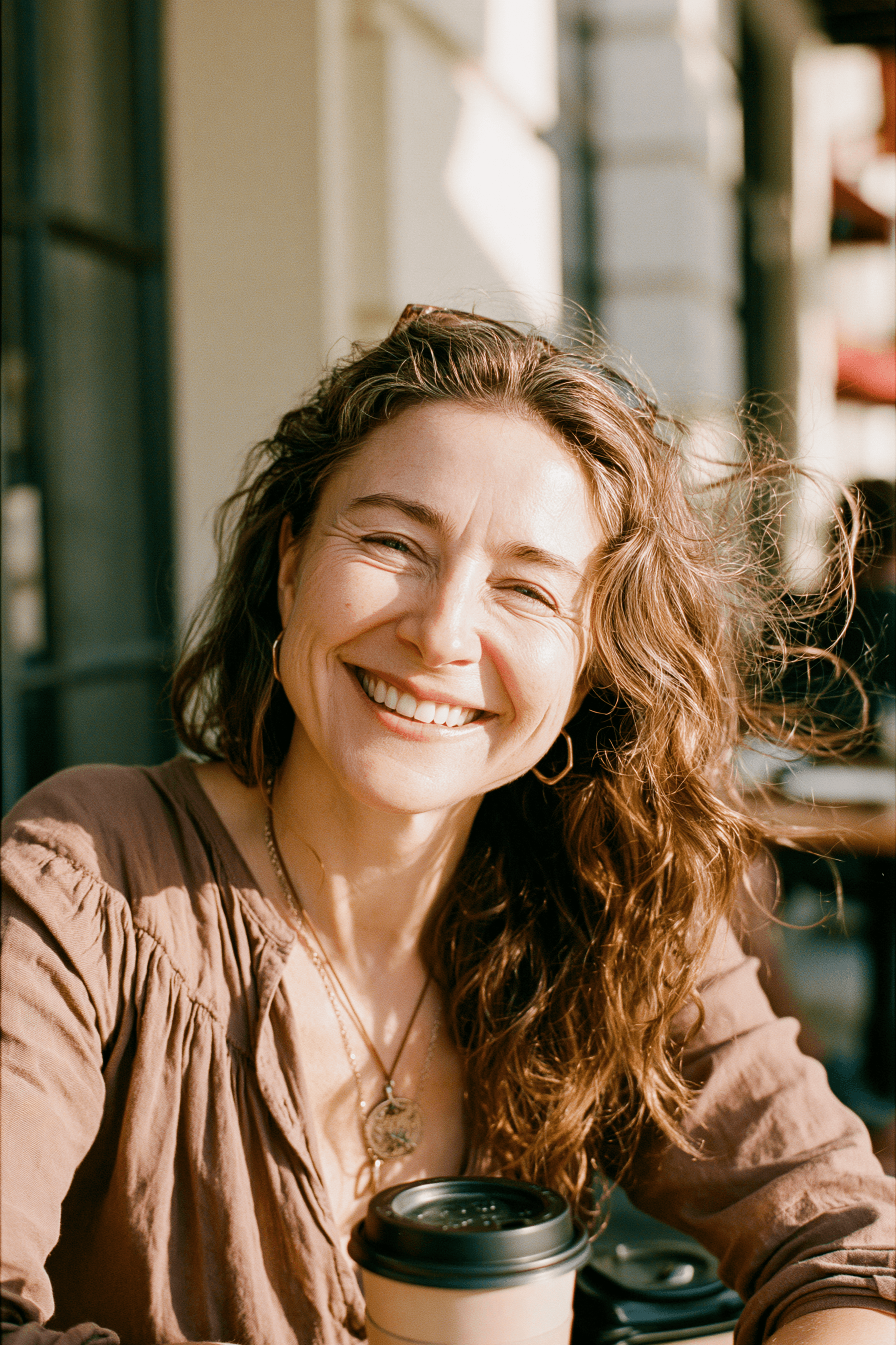 Teledris patient laughing with a coffee, hair caught in the breeze
