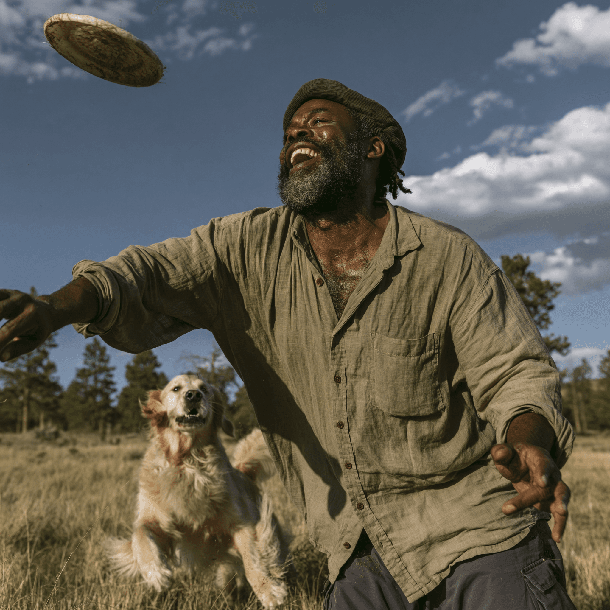 Teledris patient laughing while playing frisbee with his dog in a sunlit field