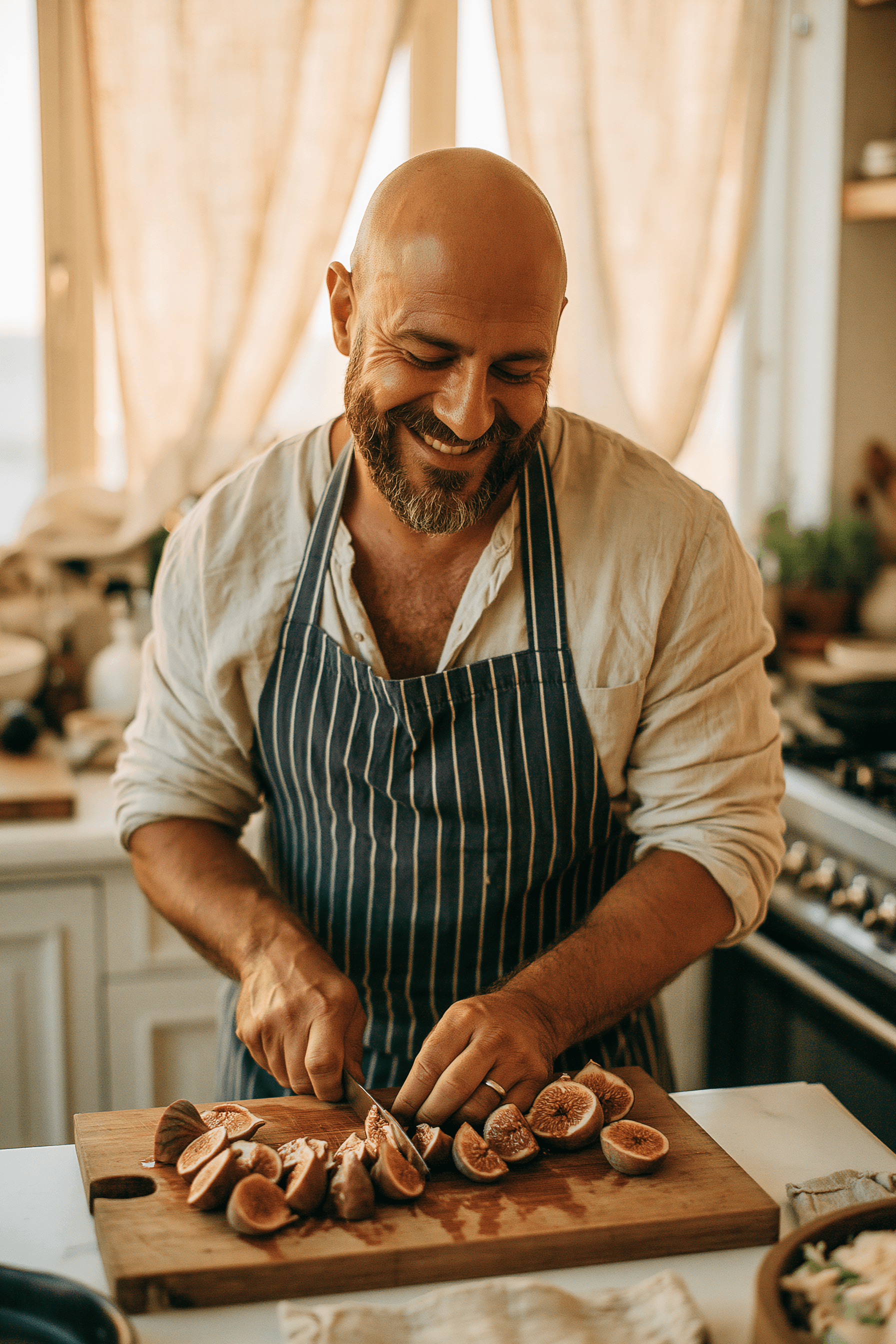 Teledris patient smiling while slicing fresh figs in a warm sunlit kitchen