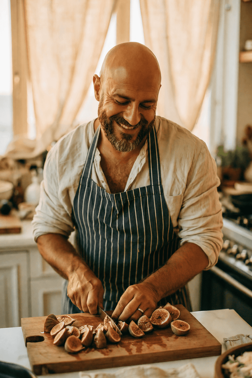 Teledris patient smiling while slicing fresh figs in a warm sunlit kitchen