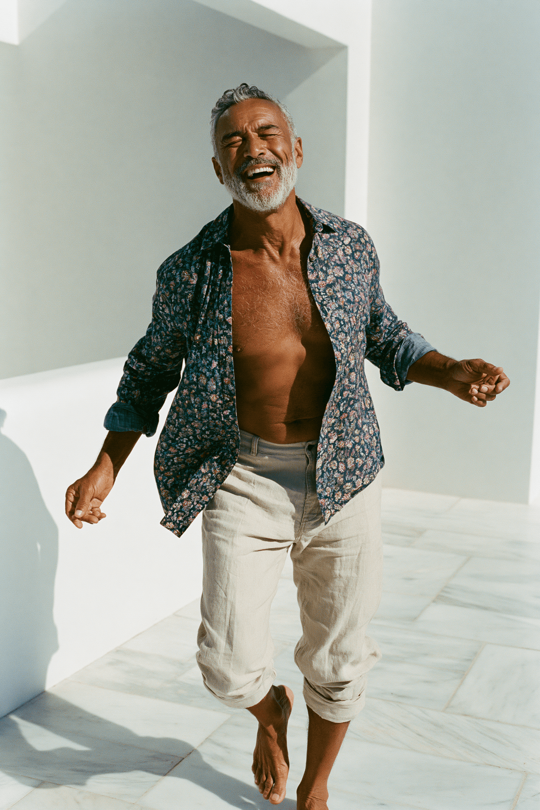 Teledris patient dancing barefoot on a sunlit patio mid-laugh
