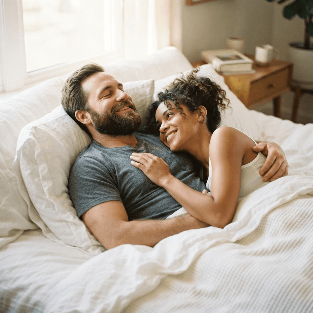 Happy, affectionate couple relaxing together at home