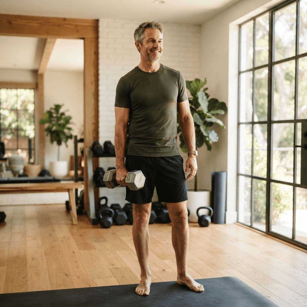 Fit man working out with a dumbbell in a bright home gym