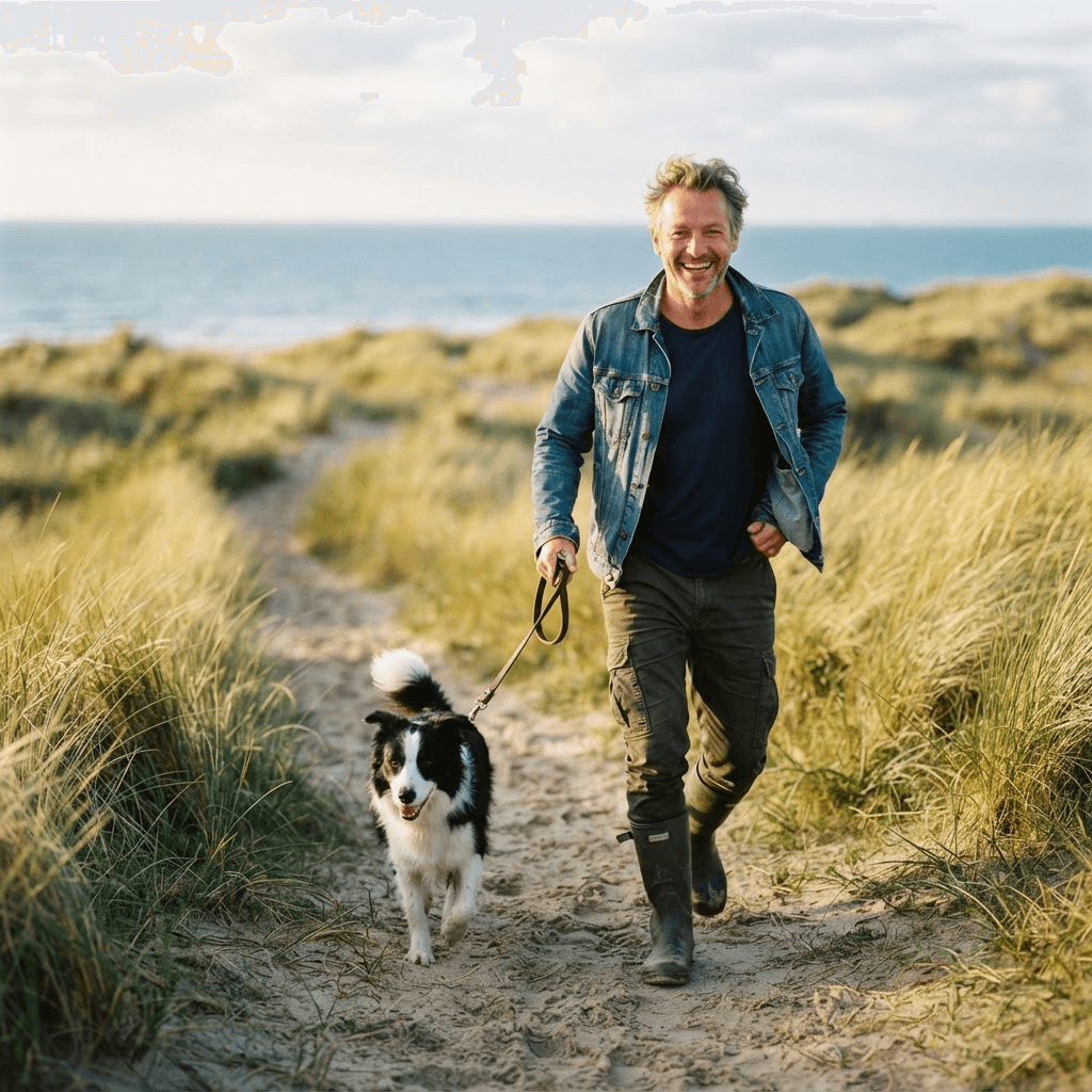 Smiling man walking his dog along a sunny coastal path