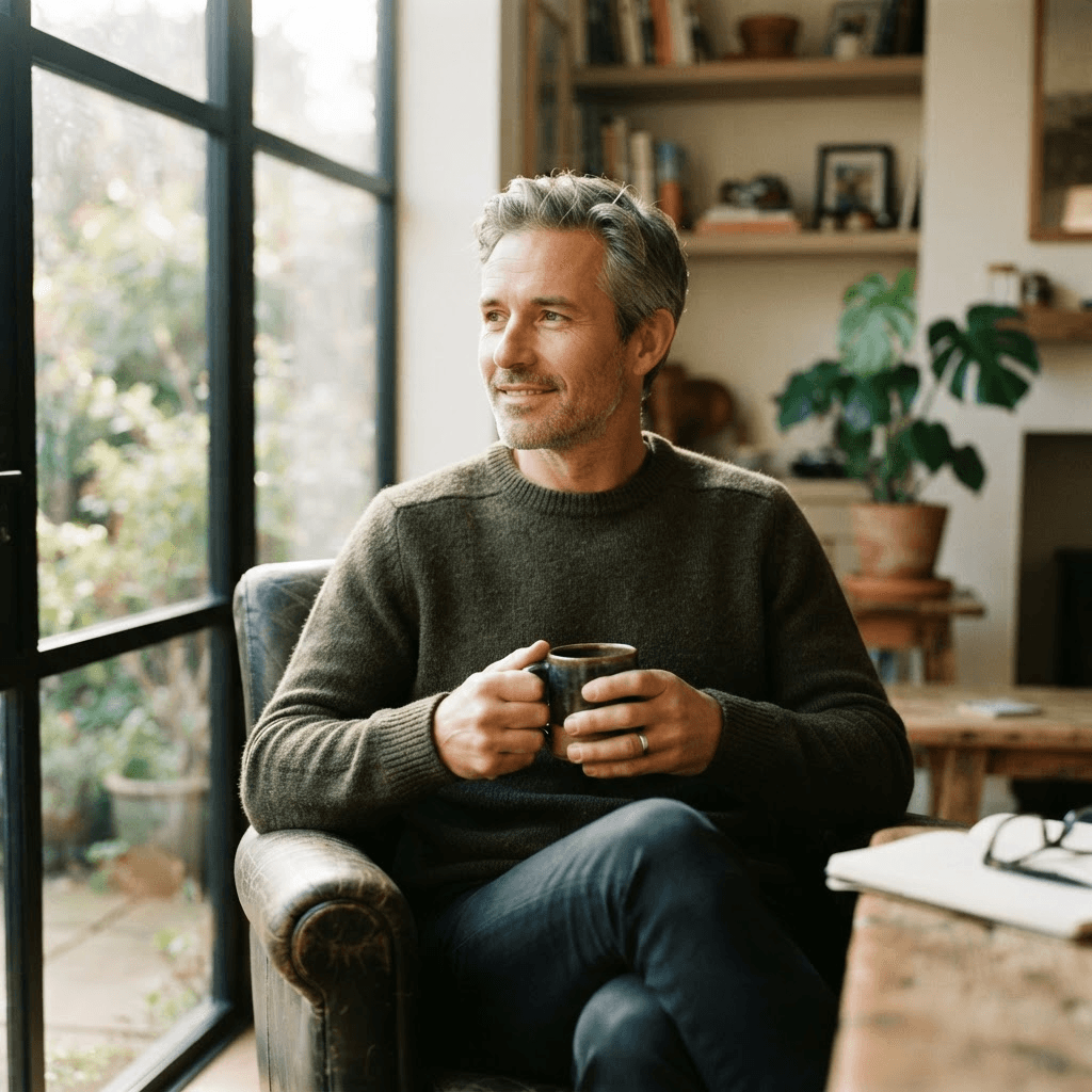 Calm, focused man relaxing with coffee by a sunlit window