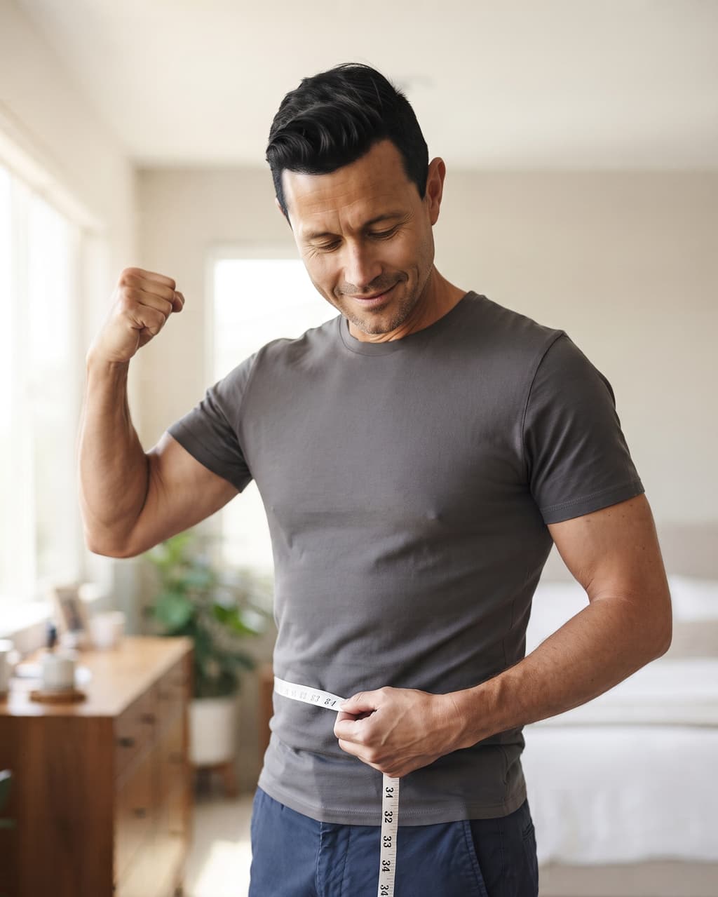 A Teledris weight loss patient measuring his waist at home.