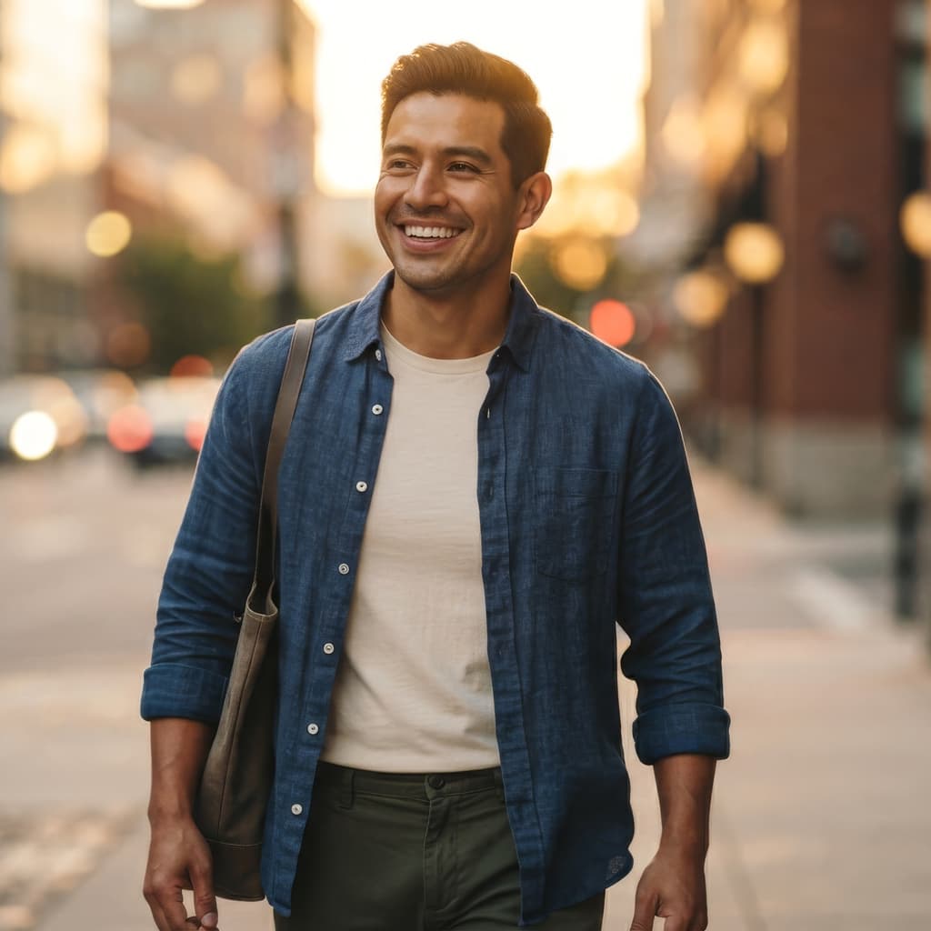 A Teledris weight loss patient walking outdoors on a city street.